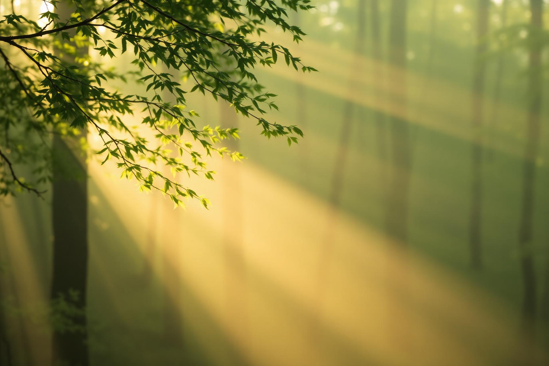 Raios de sol atravessando folhas verdes em uma floresta